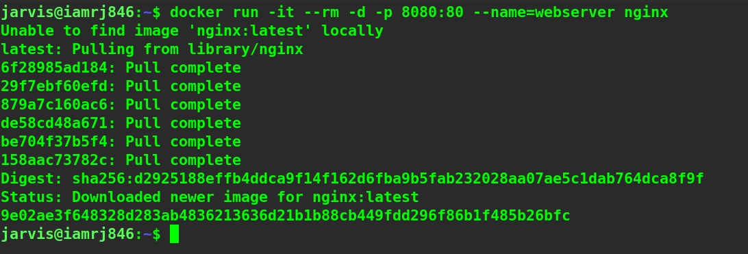 $ docker run -it --rm -d -p 8080:80 --name=webserver nginx