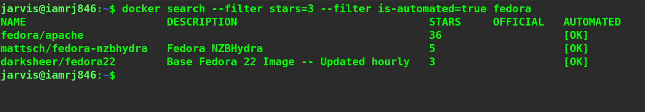 $ docker search --filter stars=3 --filter is-automated=true fedora