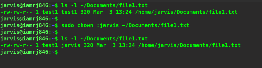 $ sudo chown -jarvis ~:Documents:file1.txt
